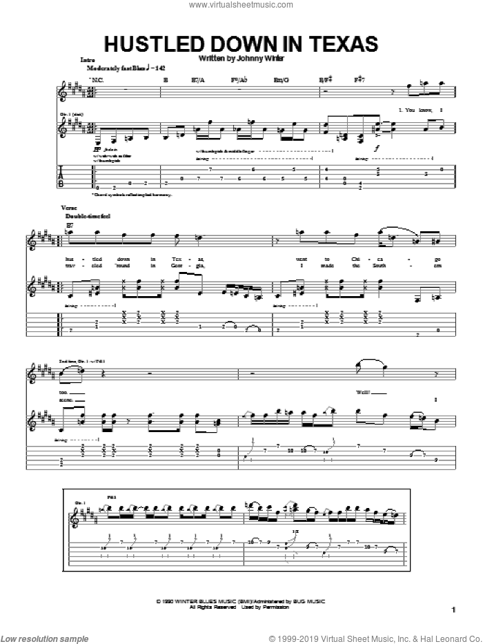 Hustled Down In Texas sheet music for guitar (tablature) by Johnny Winter, intermediate skill level