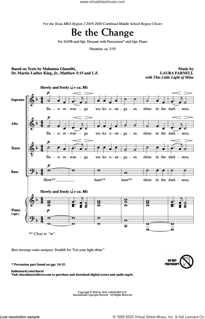 Be The Change sheet music for choir (SATB: soprano, alto, tenor, bass) by Laura Farnell, Ghandi, Martin Luther King Jr. and Matthew 5:15, intermediate skill level