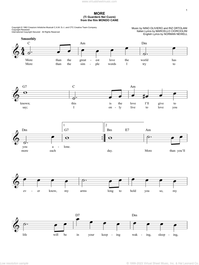 More (Ti Guardero Nel Cuore) sheet music for voice and other instruments (fake book) by Kai Winding, Marcello Ciorciolini, Nino Oliviero, Norman Newell and Riz Ortolani, easy skill level