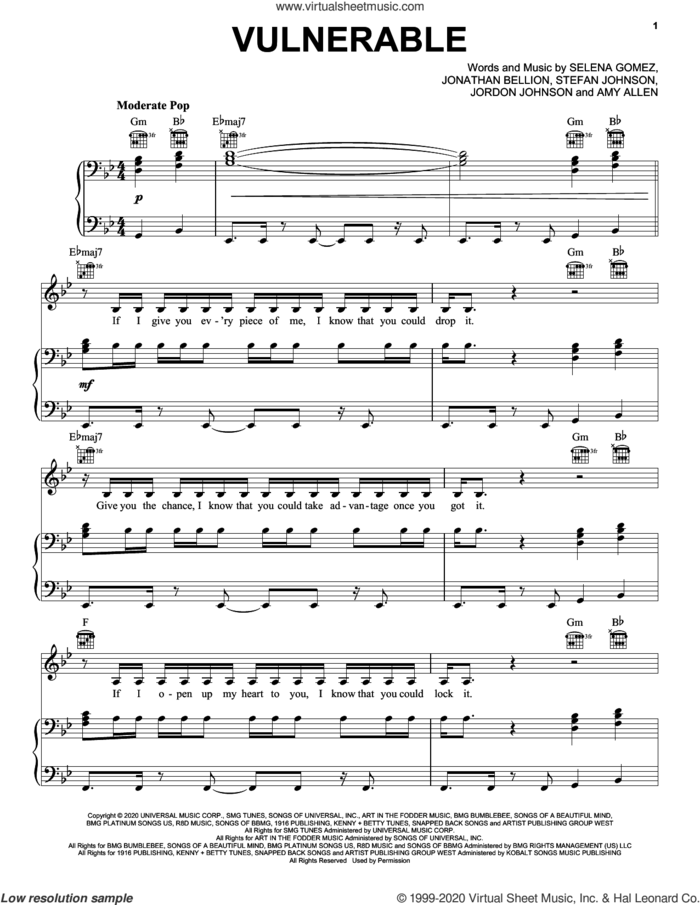 Vulnerable sheet music for voice, piano or guitar by Selena Gomez, Amy Allen, Jonathan Bellion, Jordan Johnson and Stefan Johnson, intermediate skill level