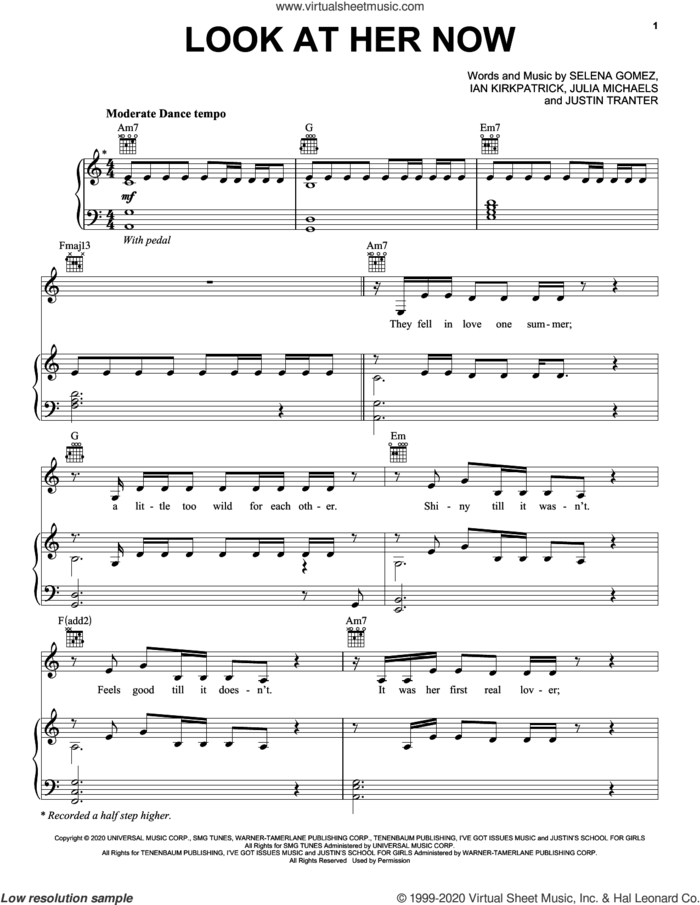 Look At Her Now sheet music for voice, piano or guitar by Selena Gomez, Ian Kirkpatrick, Julia Michaels and Justin Tranter, intermediate skill level