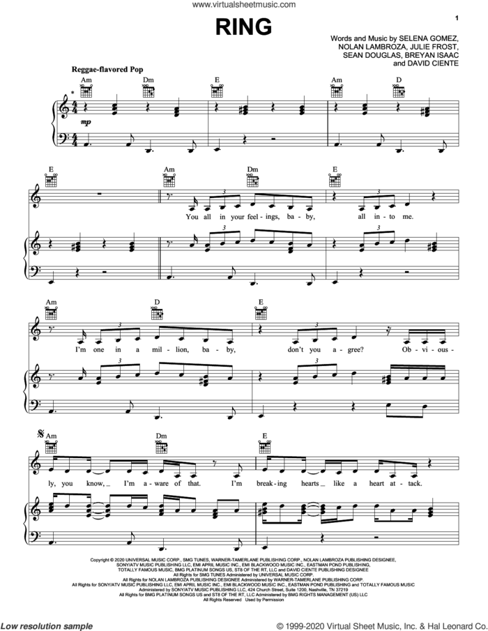 Ring sheet music for voice, piano or guitar by Selena Gomez, Breyan Isaac, David Ciente, Julie Frost, Nolan Lambroza and Sean Douglas, intermediate skill level