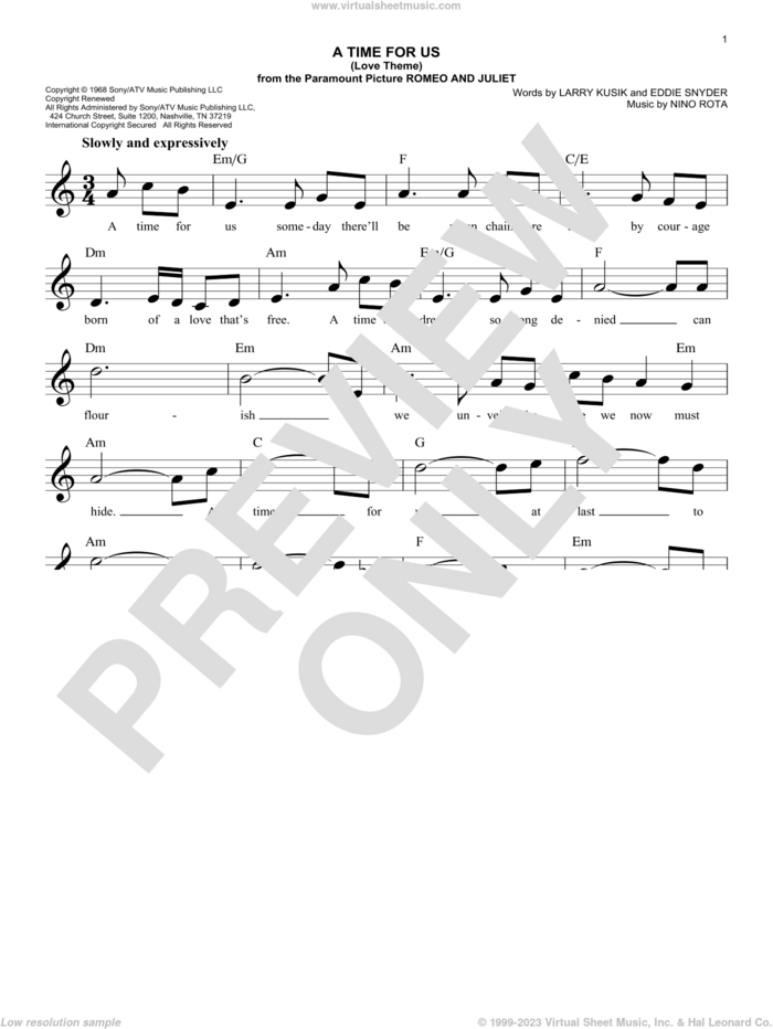 A Time For Us (Love Theme from Romeo And Juliet) sheet music for voice and other instruments (fake book) by Nino Rota, Eddie Snyder and Larry Kusik, intermediate skill level
