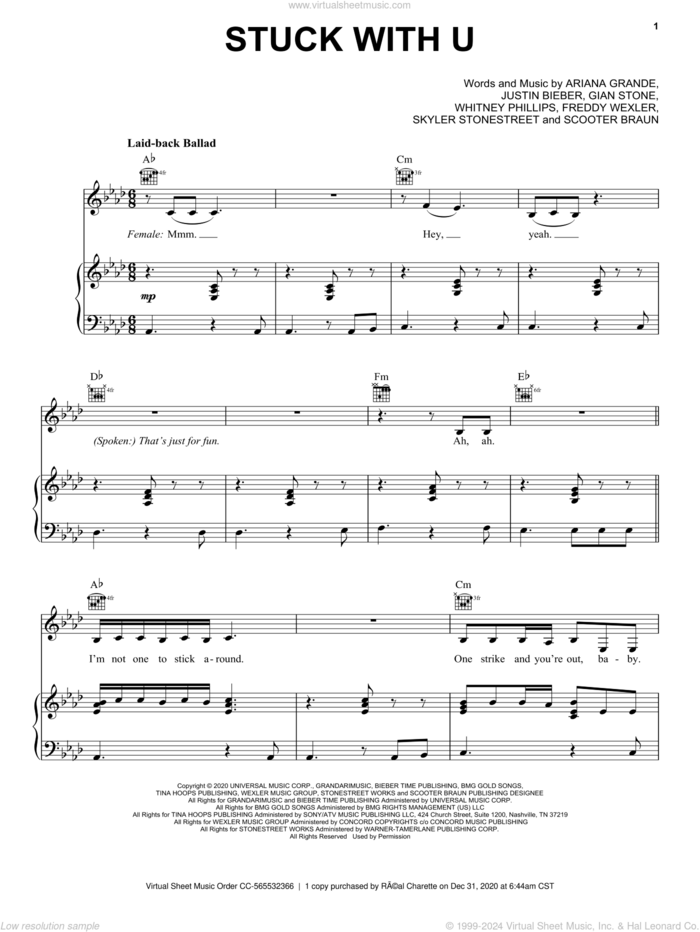 Stuck with U sheet music for voice, piano or guitar by Ariana Grande and Justin Bieber, Ariana Grande, Freddy Wexler, Gian Stone, Justin Bieber, Scooter Braun, Skyler Stonestreet and Whitney Phillips, intermediate skill level