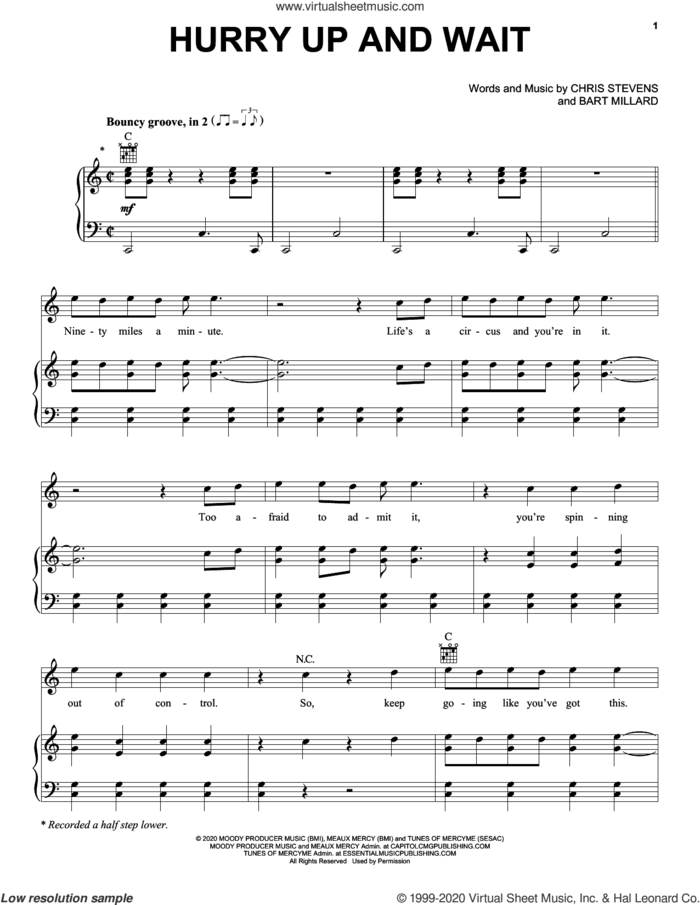 Hurry Up And Wait sheet music for voice, piano or guitar by MercyMe, Bart Millard and Chris Stevens, intermediate skill level