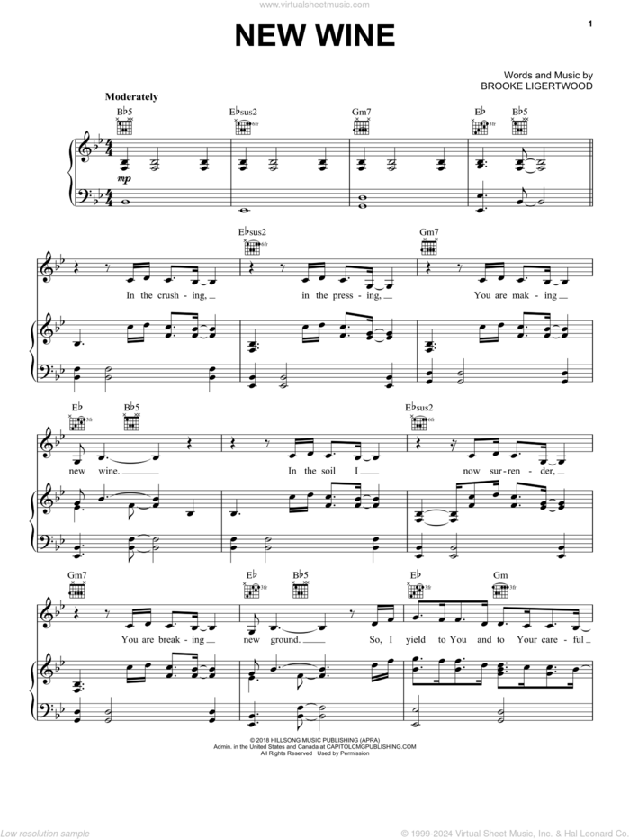 New Wine sheet music for voice, piano or guitar by Hillsong Worship and Brooke Ligertwood, intermediate skill level