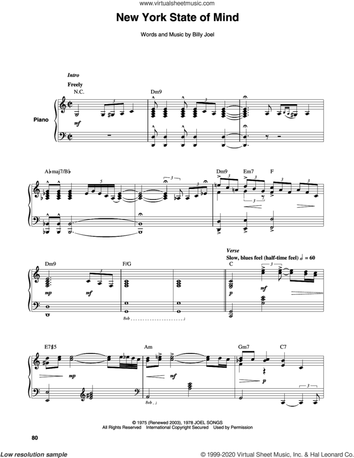 New York State Of Mind sheet music for keyboard or piano by Billy Joel, intermediate skill level