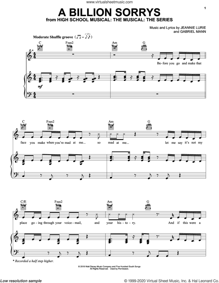 A Billion Sorrys (from High School Musical: The Musical: The Series) sheet music for voice, piano or guitar by Matt Cornett, Gabriel Mann and Jeannie Lurie, intermediate skill level
