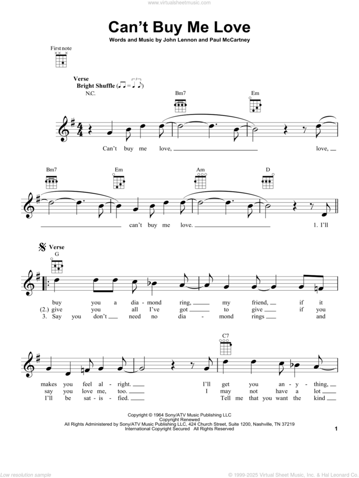 Can't Buy Me Love sheet music for ukulele by The Beatles, John Lennon and Paul McCartney, intermediate skill level