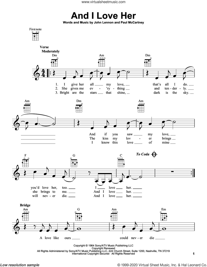 And I Love Her sheet music for ukulele by The Beatles, John Lennon and Paul McCartney, intermediate skill level