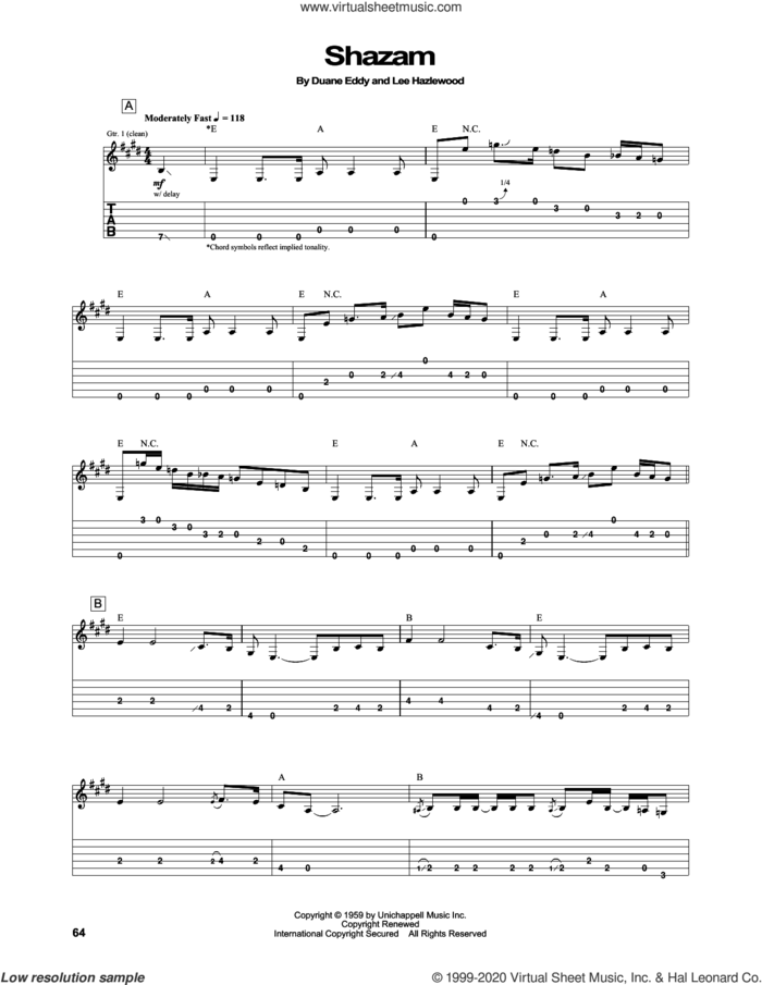 Shazam sheet music for guitar (tablature) by Duane Eddy and Lee Hazlewood, intermediate skill level