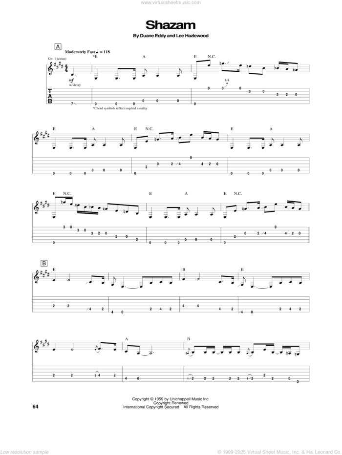 Shazam sheet music for guitar (tablature) by Duane Eddy and Lee Hazlewood, intermediate skill level