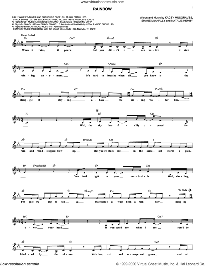 Rainbow sheet music for voice and other instruments (fake book) by Kacey Musgraves, Natalie Hemby and Shane McAnally, intermediate skill level