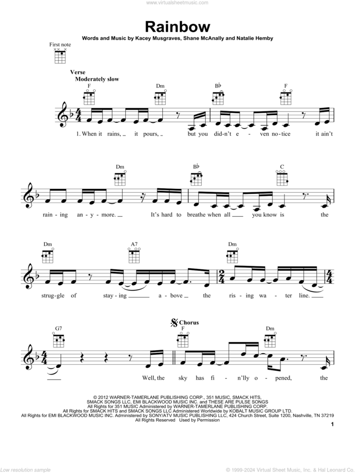 Rainbow sheet music for ukulele by Kacey Musgraves, Natalie Hemby and Shane McAnally, intermediate skill level