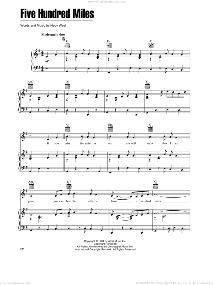 Five Hundred Miles sheet music for voice, piano or guitar by Peter, Paul & Mary and Hedy West, intermediate skill level