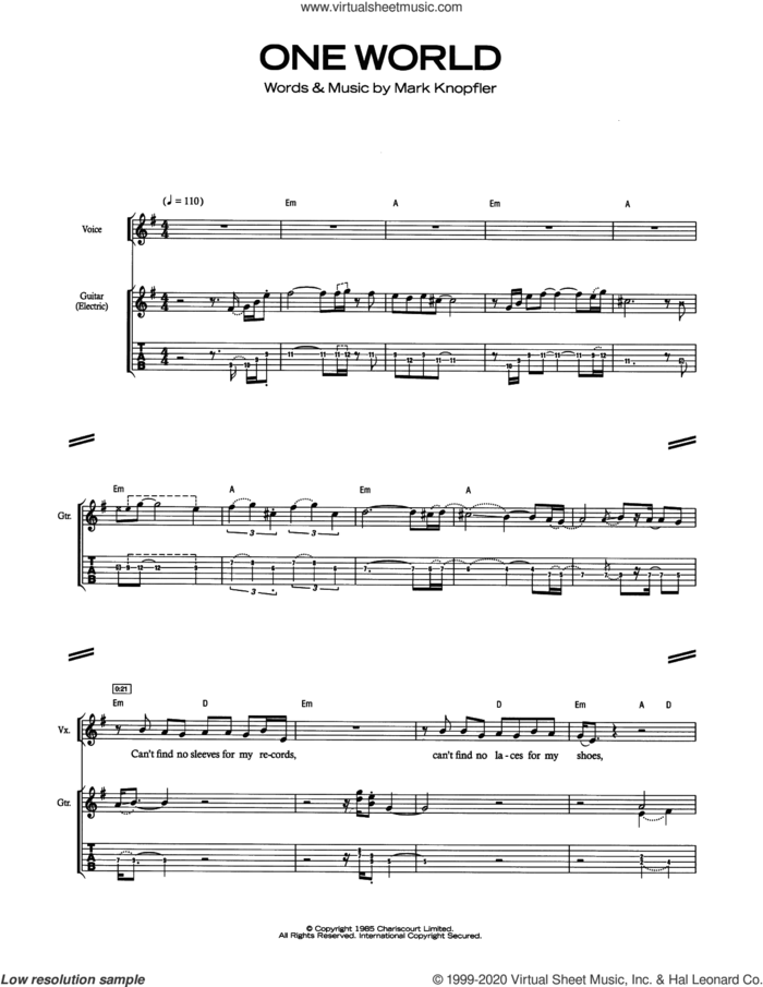 One World sheet music for guitar (tablature) by Dire Straits and Mark Knopfler, intermediate skill level