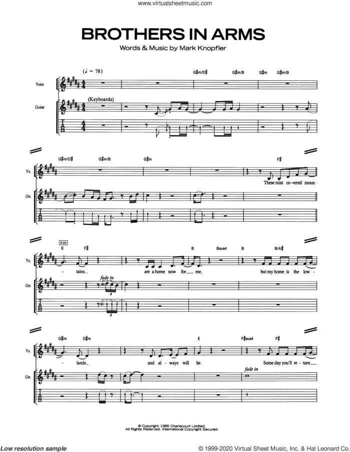 Brothers In Arms sheet music for guitar (tablature) by Dire Straits and Mark Knopfler, intermediate skill level