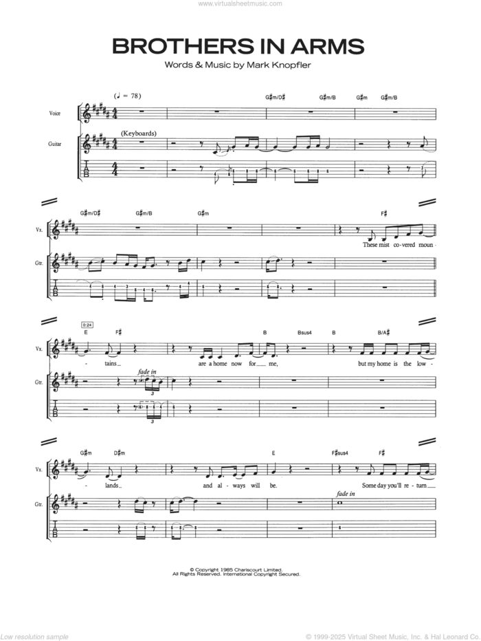 Brothers In Arms sheet music for guitar (tablature) by Dire Straits and Mark Knopfler, intermediate skill level