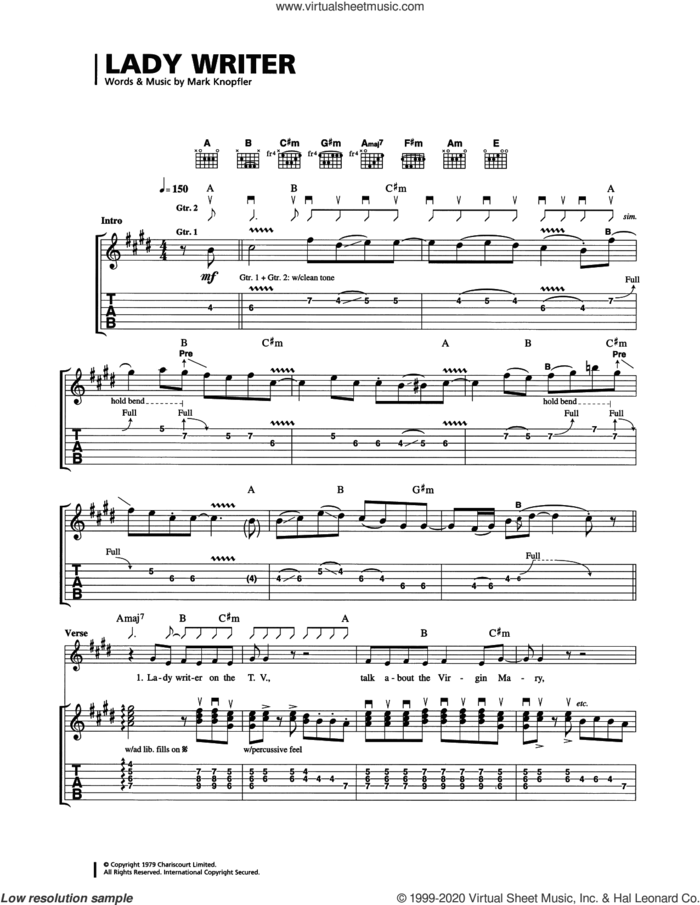 Lady Writer sheet music for guitar (tablature) by Dire Straits and Mark Knopfler, intermediate skill level