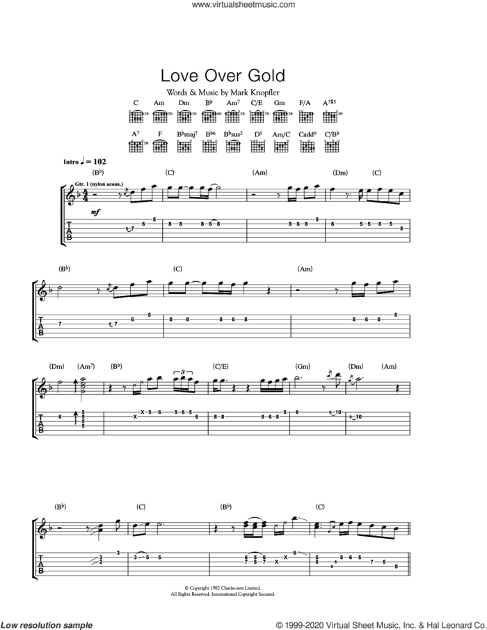 Love Over Gold sheet music for guitar (tablature) by Dire Straits and Mark Knopfler, intermediate skill level