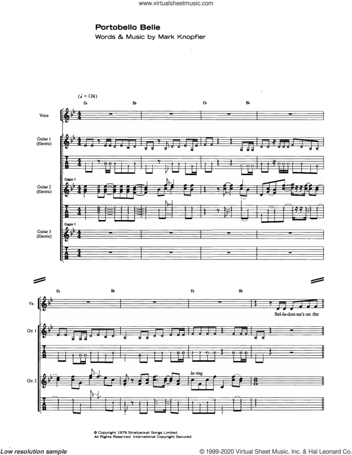 Portobello Belle sheet music for guitar (tablature) by Dire Straits and Mark Knopfler, intermediate skill level