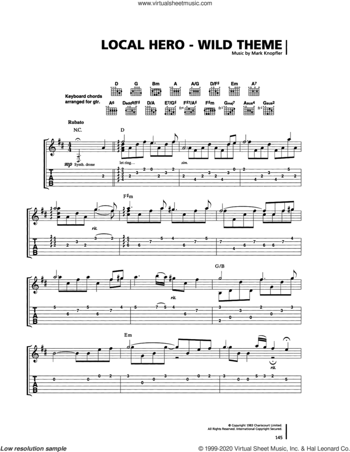 Wild Theme sheet music for guitar (tablature) by Mark Knopfler and Dire Straits, intermediate skill level