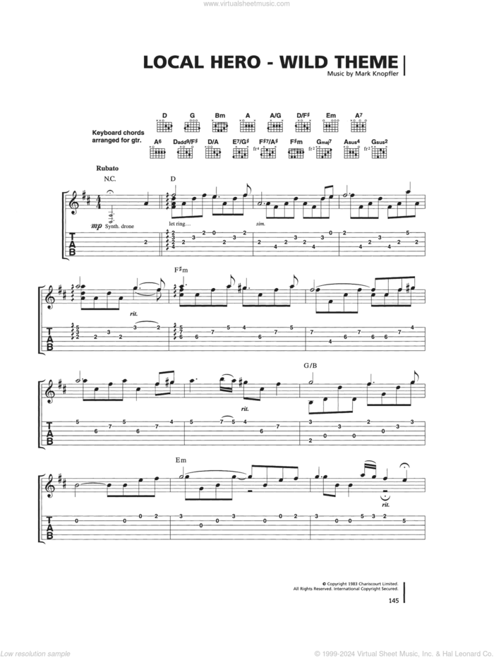 Wild Theme sheet music for guitar (tablature) by Mark Knopfler and Dire Straits, intermediate skill level