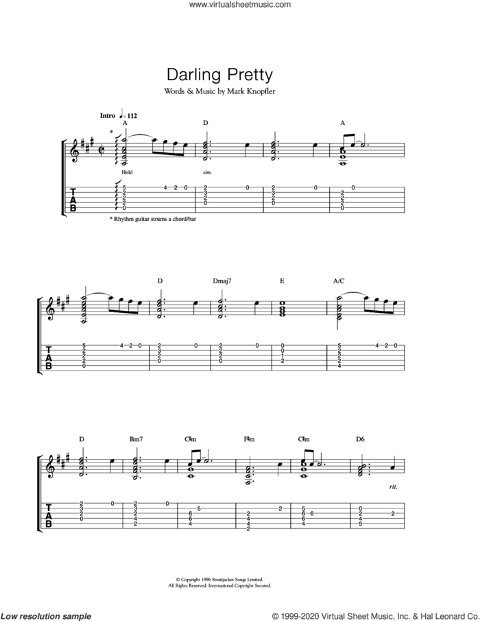 Darling Pretty sheet music for guitar (tablature) by Mark Knopfler, intermediate skill level