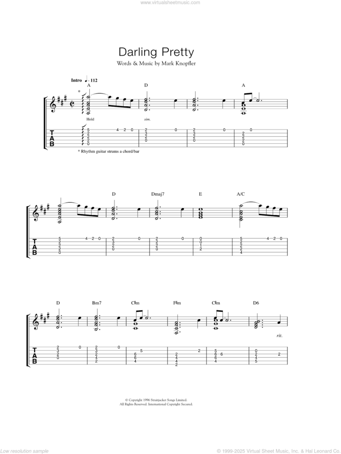 Darling Pretty sheet music for guitar (tablature) by Mark Knopfler, intermediate skill level