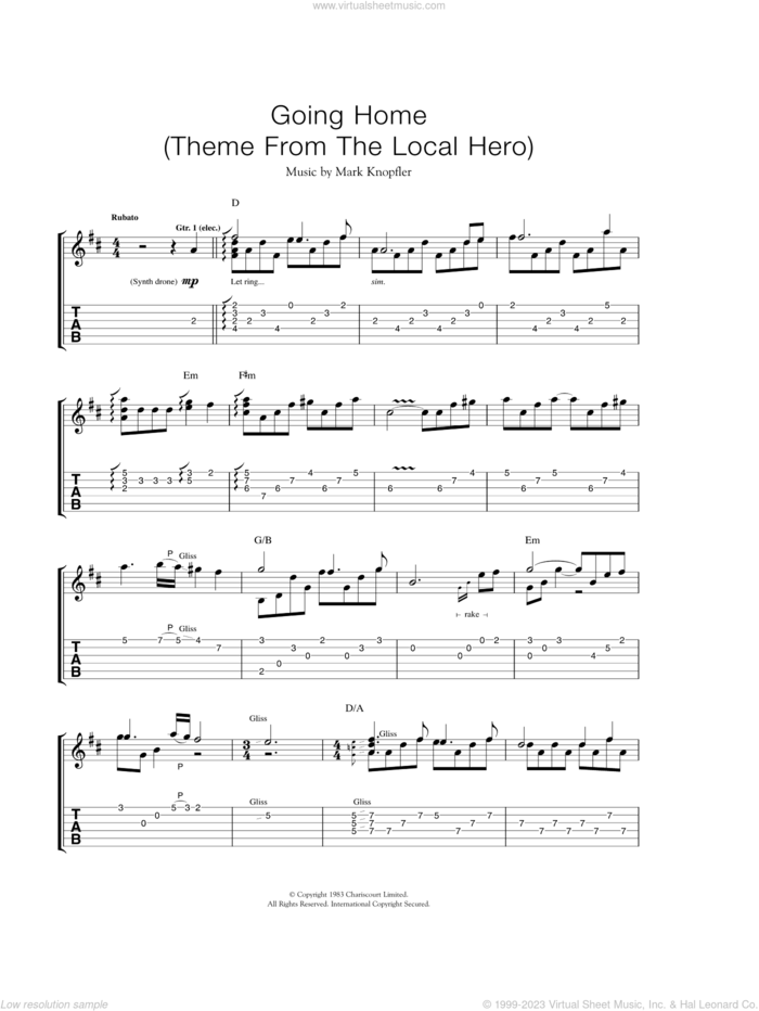 Going Home (Theme From 'Local Hero') sheet music for guitar (tablature) by Mark Knopfler and Dire Straits, intermediate skill level