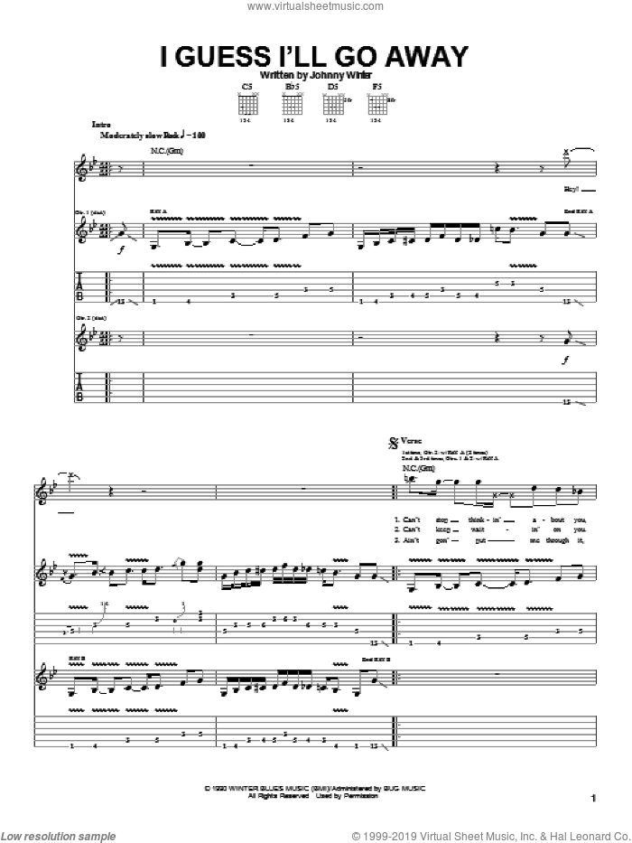 I Guess I'll Go Away sheet music for guitar (tablature) by Johnny Winter, intermediate skill level