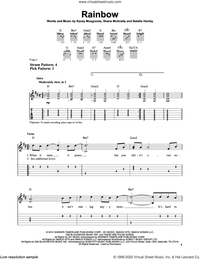 Rainbow sheet music for guitar solo (easy tablature) by Kacey Musgraves, Natalie Hemby and Shane McAnally, easy guitar (easy tablature)