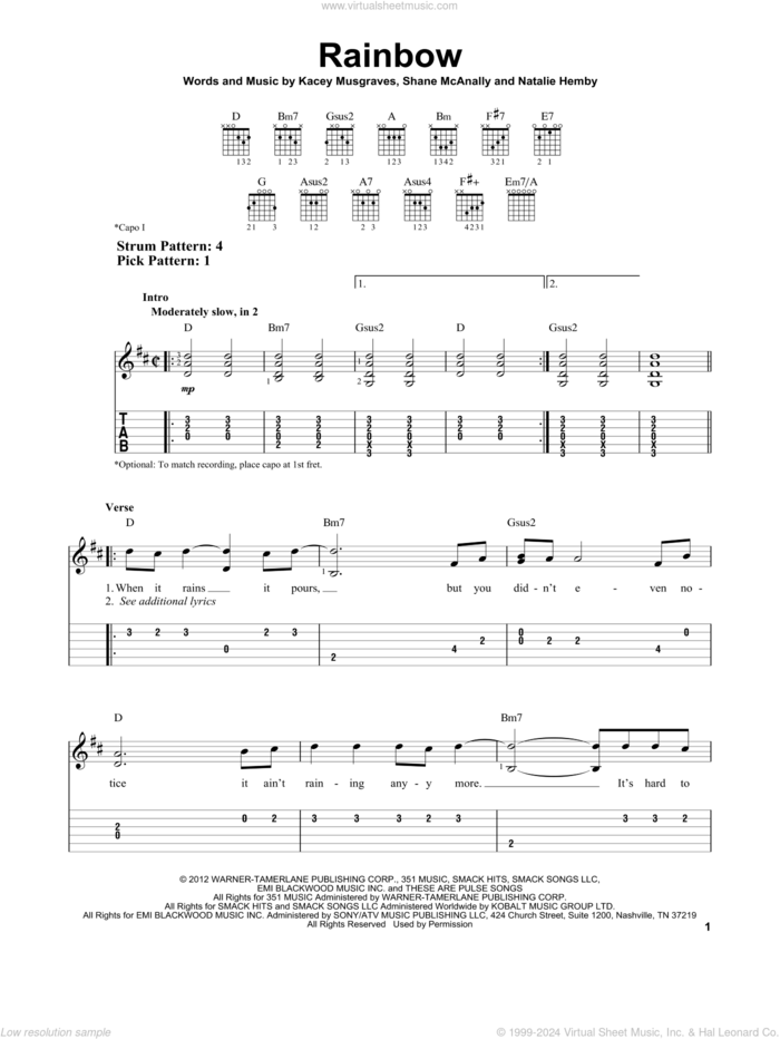 Rainbow sheet music for guitar solo (easy tablature) by Kacey Musgraves, Natalie Hemby and Shane McAnally, easy guitar (easy tablature)