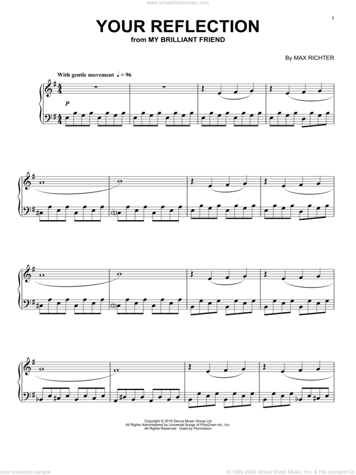 Your Reflection (from My Brilliant Friend) sheet music for piano solo by Max Richter, intermediate skill level