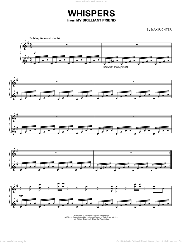 Whispers (from My Brilliant Friend) sheet music for piano solo by Max Richter, intermediate skill level