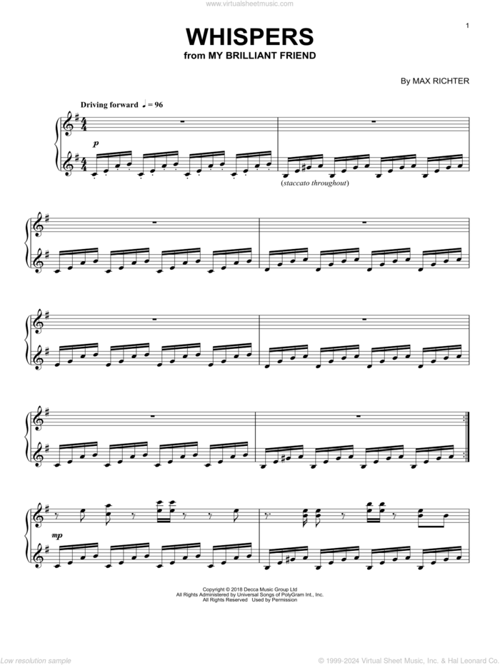 Whispers (from My Brilliant Friend) sheet music for piano solo by Max Richter, intermediate skill level