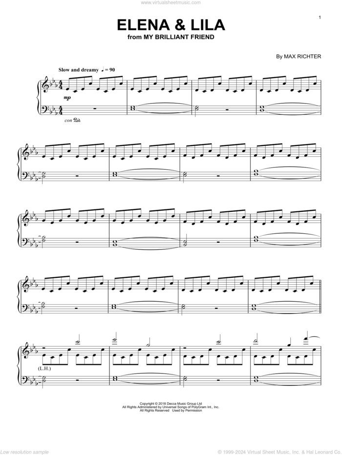 Elena and Lila (from My Brilliant Friend) sheet music for piano solo by Max Richter, intermediate skill level