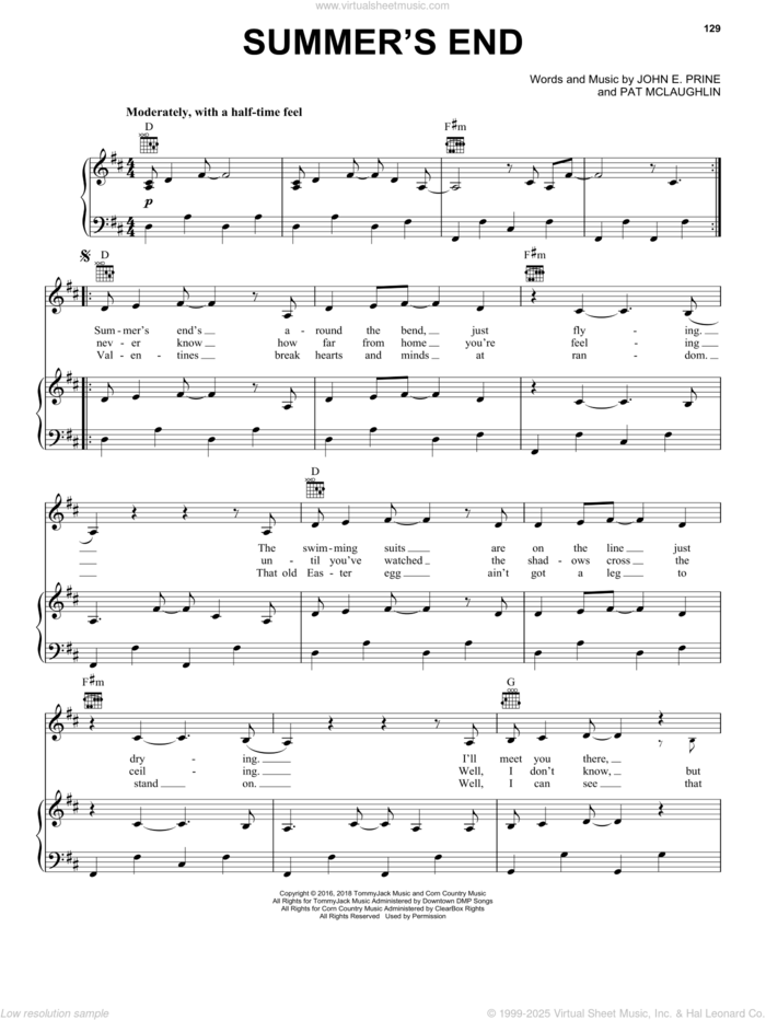 Summer's End sheet music for voice, piano or guitar by John Prine, John E. Prine and Pat McLaughlin, intermediate skill level