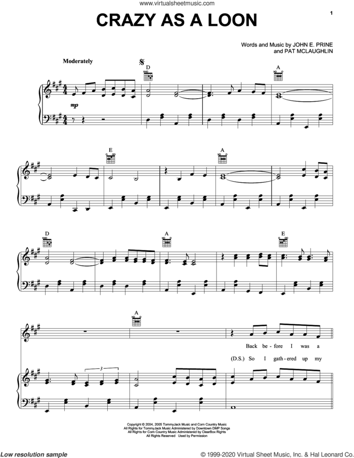 Crazy As A Loon sheet music for voice, piano or guitar by John Prine, John E. Prine and Pat McLaughlin, intermediate skill level