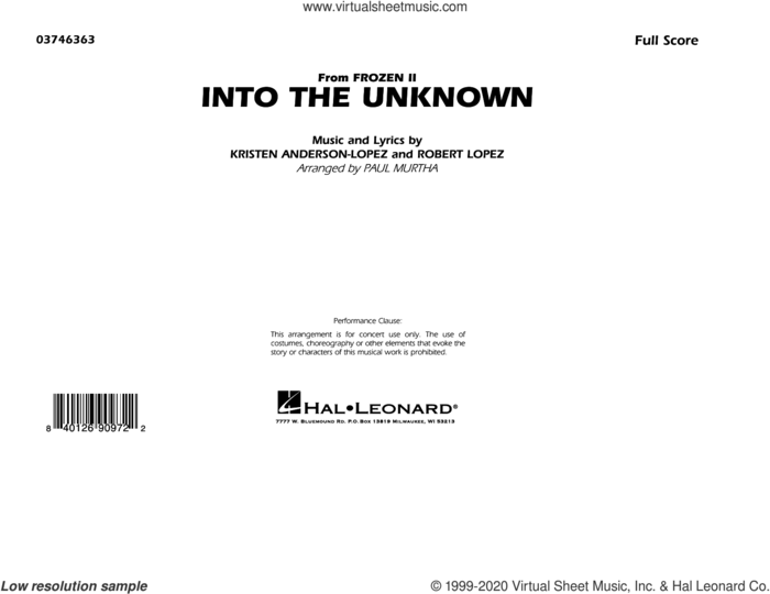 Into the Unknown (from Disney's Frozen 2) (arr. Paul Murtha) (COMPLETE) sheet music for marching band by Robert Lopez, Idina Menzel and AURORA, Kristen Anderson-Lopez, Panic! At The Disco and Paul Murtha, intermediate skill level