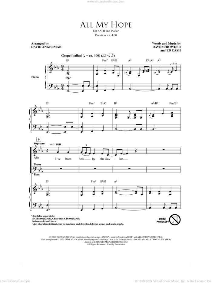 All My Hope (arr. David Angerman) sheet music for choir (SATB: soprano, alto, tenor, bass) by Crowder feat. Tauren Wells, David Angerman, Tauren Wells, David Crowder and Ed Cash, intermediate skill level