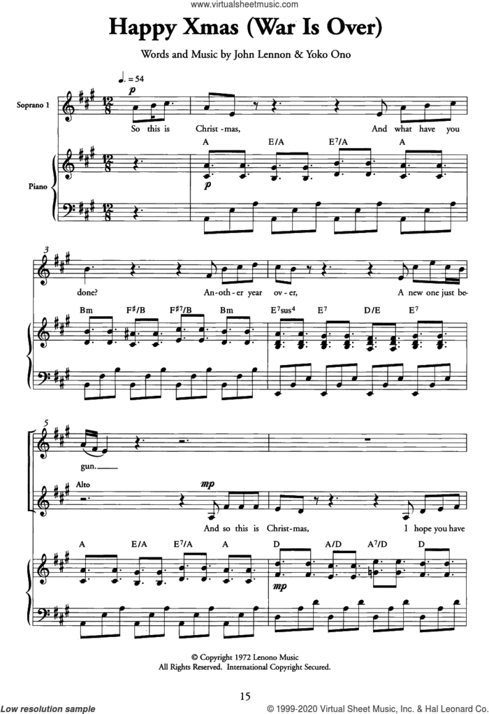 Happy Xmas (War Is Over) sheet music for choir (SSA: soprano, alto) by John Lennon and Yoko Ono, intermediate skill level