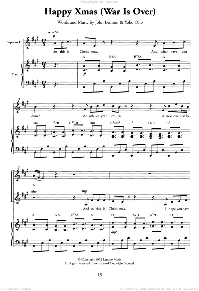 Happy Xmas (War Is Over) sheet music for choir (SSA: soprano, alto) by John Lennon and Yoko Ono, intermediate skill level