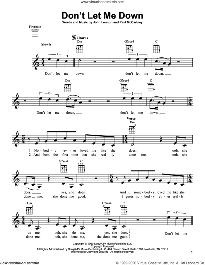 Don't Let Me Down sheet music for ukulele by The Beatles, John Lennon and Paul McCartney, intermediate skill level