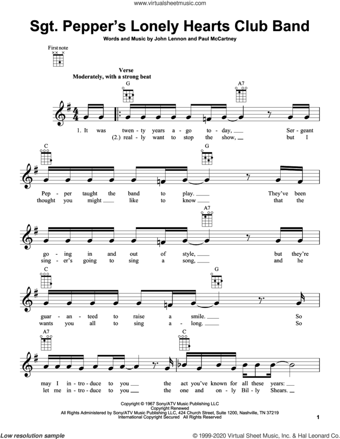 Sgt. Pepper's Lonely Hearts Club Band sheet music for ukulele by The Beatles, John Lennon and Paul McCartney, intermediate skill level