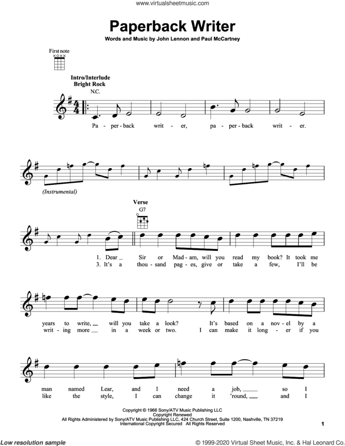 Paperback Writer sheet music for ukulele by The Beatles, John Lennon and Paul McCartney, intermediate skill level