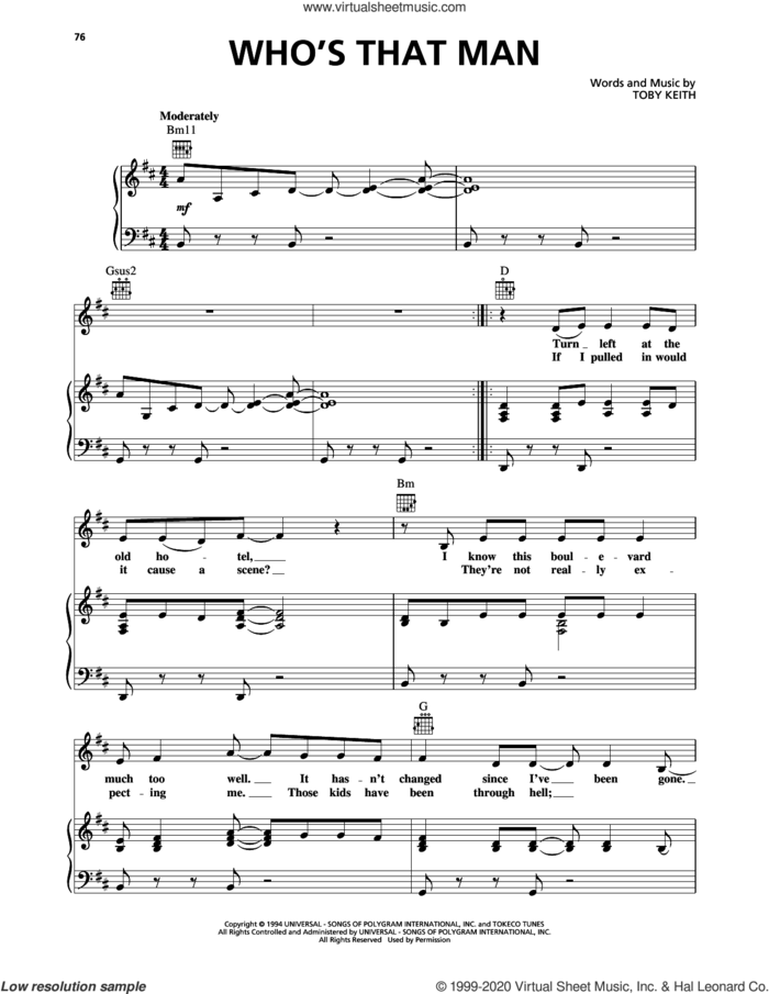 Who's That Man sheet music for voice, piano or guitar by Toby Keith, intermediate skill level