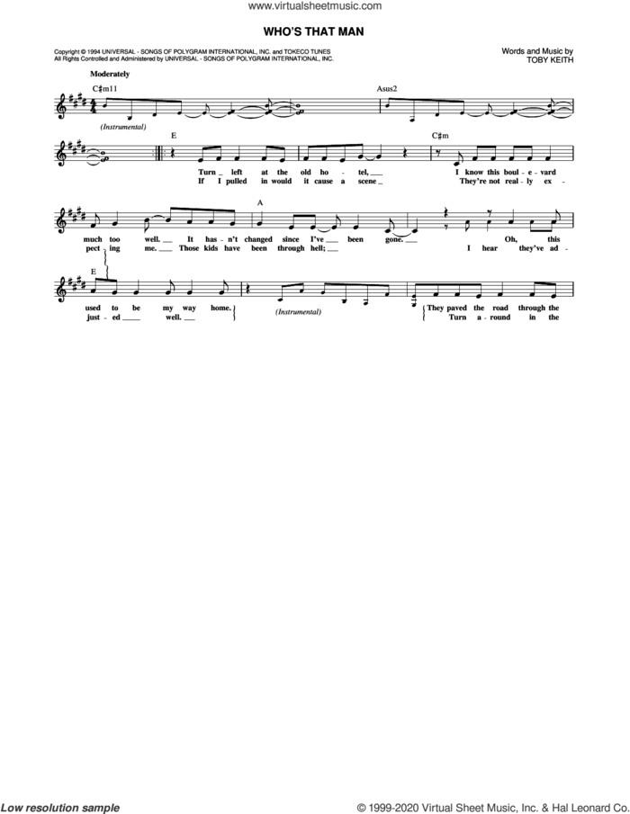 Who's That Man sheet music for voice and other instruments (fake book) by Toby Keith, intermediate skill level