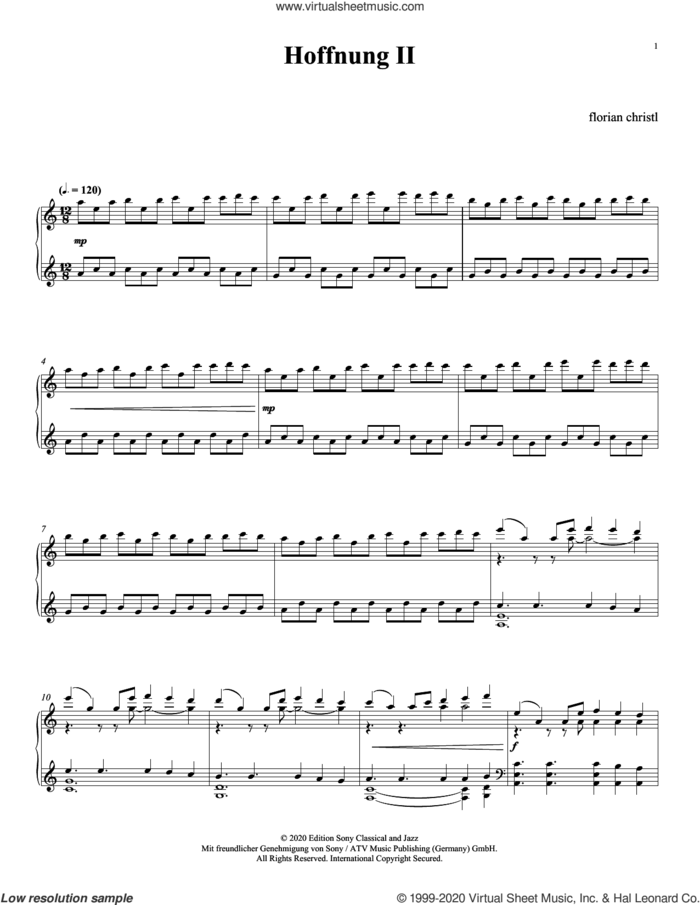 Hoffnung II sheet music for piano solo by Florian Christl, classical score, intermediate skill level