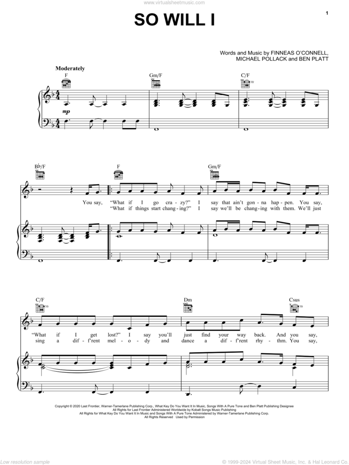 So Will I sheet music for voice, piano or guitar by Ben Platt and Michael Pollack, intermediate skill level